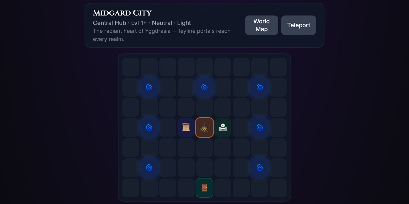 Dragonfall: the Midgard City tile map with portals, a quest scroll and the player's hero